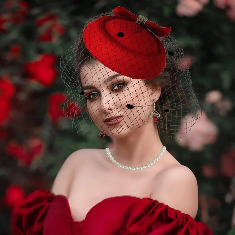 Women's Vintage Tea Party Hat Set Mesh Veil Lace Gloves Pearl Necklace Red